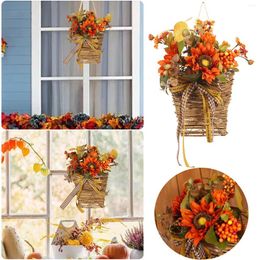 Decorative Flowers Autumn Colour Sunflower Simulation Flower Wreath Wall Hanging Basket Thanksgiving Home Decorations Ribbon For Making