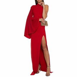 Elegant Long Red One Shoulder Prom -klänningar med slitsmantel Muslimsk Dubai Crepe golvlängd dragkedja tillbaka promenad för kvinnor