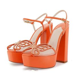 sheepskin 2024 leather Gladiator sandals chunky high heels Pumps Women Summer open-toe platform nets buckle Narrow Band butterfly rivets Ankle Strap size 34-43 saa