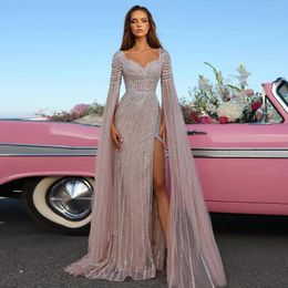 Party Dresses Jancember Beaded Pink Mermaid Evening With Cape Sleeves Side Slit Arabic Women Long Wedding Gowns SZ434