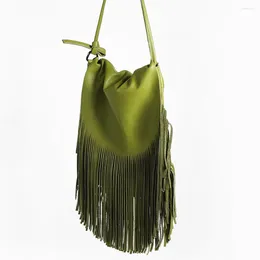 Bag Vintage Women Shoulder Designer Tassel Green Genuine Leather Handbag Retro Fringe Ladies Purses