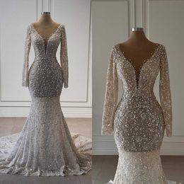 Elegant Mermaid Wedding Dresses For Women Sheer Neck Long Sleeves Bridal Gown Sequins Pearls Backless Skirt Custom Made