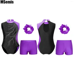 Clothing Sets Kids Girls Shiny Dance Outfit Rhinestones Decorated Sleeveless Leotard With V-front Waistband Shorts And Hair Band