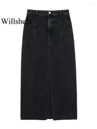 Skirts Women Fashion With Pockets Denim Black Front Zipper Midi Vintage High Waist Female Chic Lady Long