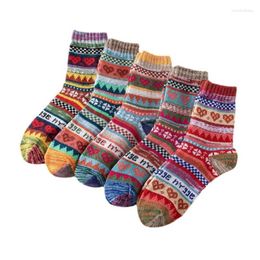 Women Socks 5 Pairs Winter Warm Faux Wool Knit Ethnic Multicoloured Geometry Striped Thermal Hosiery
