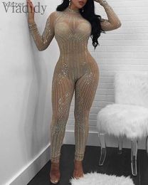 Women's Jumpsuits Rompers Womens sexy rhinestone design long sleeved mesh tight fitting jumpsuit nightclub party jumpsuit WX