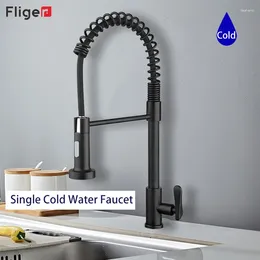 Kitchen Faucets Fliger Black Spring Pull Down Sink Faucet 360 Degree Rotation Stream Sprayer Nozzle Single Cold Water Tap