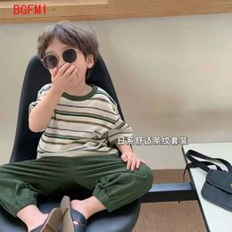 Clothing Sets Fashion baby girl boy ice silk clothing set with striped T-shirt and pants 2PCS baby and toddler clothing summer baby clothing 1-7Y d240514