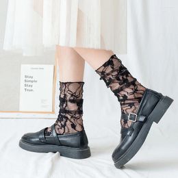 Women Socks Summer Lace Thin Japanese Style Hollow Out Mesh Transparent Crew Flower Harajuku Vintage Long Girl