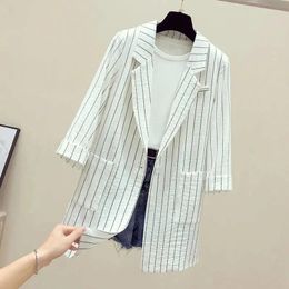 Women's Suits Women Summer Thin Stripe White Blazers 2024 Korean Office Lady Graceful Suit Jackets Three Quarter Coats Workwear Female