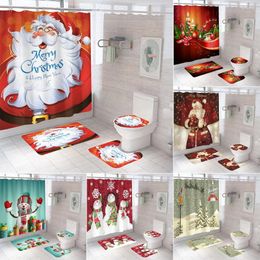 Shower Curtains Santa Claus Merry Christmas Fabric Bathroom Curtain Snowman Bells Gift Anti-skid Bath Rugs Carpet Toilet Cover