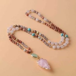 Beaded Necklaces Natural Stone Pink Quartz Turquoise 108 Mara Bead Necklace Womens Arrow Pendant Rose Necklace Family Meditation Jewellery d240514
