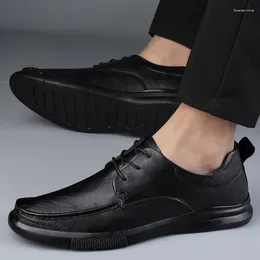 Casual Shoes 2024 Fashion For Men Lace Up Leather Spring And Autumn Solid Chunky Heels Platform Increase Height Loafers