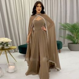 Dubai Brown Arabic Moroccan Kaftan Evening Dress with Cape Long Sleeve Crystal Muslim Formal Dresses Women Party Gowns 249H