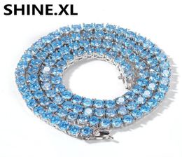 New 4mm 1Row Tennis Chain Iced Out Zircon Shine Blue Zircon Mens Hip Hop Jewelry Gift4686123