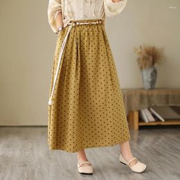 Skirts 2024 Arrival Spring/summer Arts Style Women Casual Loose Fit Dot Print A-line Elastic Waist Mid-calf Cotton S27