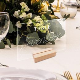 Party Supplies Transparent Desk Display Holder Acrylic Table Sign Wooden Base For Banquet Wedding Parties Menu Place Card El
