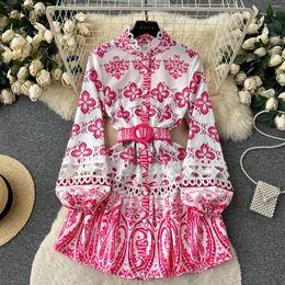 Casual Dresses Women Hollow Out Lace Single Breasted Mini Dress Runway Long Sleeves Sashes Boho Fashion Lady OL Floral Print Vintage