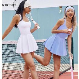 Active Dresses Tennis dress womens sports set Badminton Skorts cross back track and field suit with chest pads one piece slim fit soft set Y240508