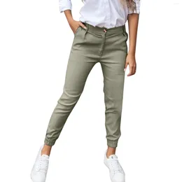 Women's Pants Ladies Streetwear Pencil Spring Summer Solid Pocket Leggings High Waist Button Cropped Cotton Linen Harem Collant