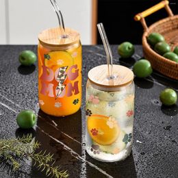 Wine Glasses 16oz Dog Pattern Sublimation Glass Can With Bamboo Lids&Straw Coffee Cup Bottle Summer Winter Drinkware For Lovers