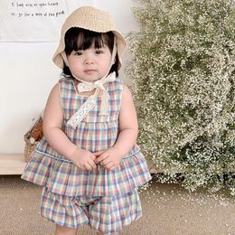 Clothing Sets Summer Baby Girl Set Sleeveless Top And Flower Bud Pants Two-piece Chequered Contrasting Clothes Jumpsuit Kids