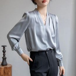 Women's Blouses Women Korean Fashion V-neck Chiffon Long Sleeve Casual Loose Chic Elegant Solid Shirt Simple Basic All-match Tops