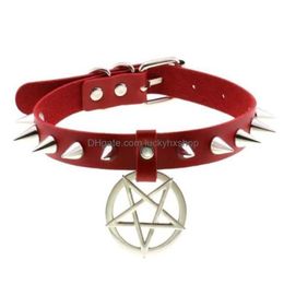 Pendant Necklaces Pendant Necklaces Spike Punk Choker Collar For Girl Goth Pentagram Necklace Emo Neck Strap Cosplay Chocker Gothic Ac Dh3Hk