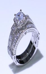 Vintage Fashion Jewelry 925 Sterling Silver Princess Cut White Topaz cz Diamond Eternity Couple Rings Wedding Bridal Ring Set Fpr 8851289