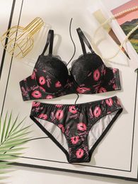 Bras Sets High Quality Printed Patchwork Lace Sexy Lingerie Set For Womens Push Up Bras With Stl Ring Underwear A2174 Y240513