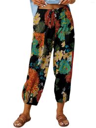 Women's Pants Summer For Women Cotton And Linen Elastic High-Waist Flower Print Female Trousers Casual