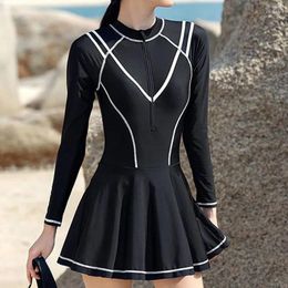 Contrasting Colours Patchwork Zipper Long Sleeve Black White With Chest Pad Without Steel Support Conjoined Body Women's Swimwear