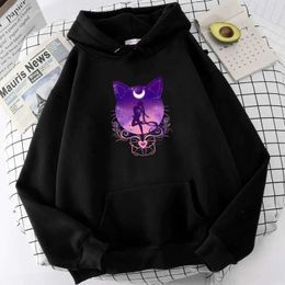 Men's Hoodies Sweatshirts Vintage Anime Plus Size Hoodie Women Sweatshirts Printed Cat Moon Long Slve Hooded Kawaii Cartoon Female Strtwear Tops T240510