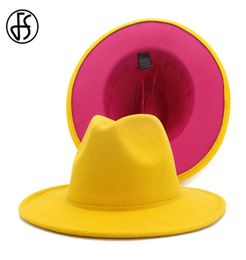 FS Yellow Rose Patchwork Wool Felt Jazz Fedora Hats Women Unisex Wide Brim Panama Party Trilby Cowboy Cap3206294