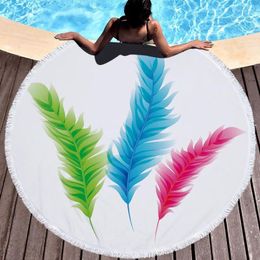 Towel 500g Colorful Feathers Printed Beach Towels For Women Diameter 150cm Microfiber With Tassel Fringe Yoga Mat Adult