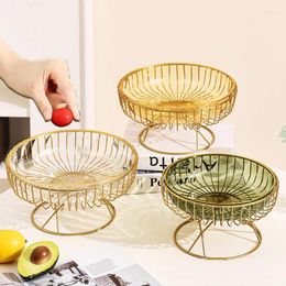 Plates Transparent Plastic Fruit Bowl With Gold Metal Stand Countertop Snack Holder Round Candy Dish Serving Plate