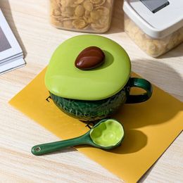 Mugs 300ML Avocado Shaped Coffee Mug With Lid Spoon Ceramic Milk Tea Cup Cerative Gift For Kids Girls Xmas Birthday