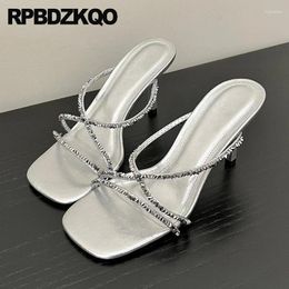 Slippers Crystal Metallic High Heels Thin Bling Rhinestone Shoes Sparkly Slides Sandals Pumps Gladiator Women Strappy Open Toe
