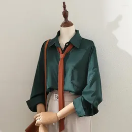Women's Polos Fashion Woman Blouse 2024 Vintage Contrasting Tie Lapel Shirt Casual Dark Green Versatile Draped Satin Commuter Top Polo
