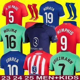 23 24 25 New Arrived Atletico Madrids Soccer Jerseys M.LLORENTE KOKE SOYUNCU MORATA MOLINA GRIEZMANN SAUL Correa LEMAR Football Shirt Men Kids Kit Sets Uniforms