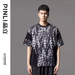 Men's Hoodies Male Fashion 2024 Summer Design Short Sleeved Leaf Printed T-shirt For Trendy Patchwork Loose Black Top B242111043