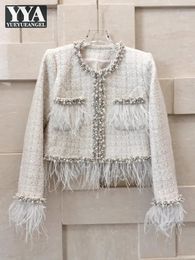 Elegant Women Feather Spliced Diamonds Beading Tweed Jacket Banquet Party Pearls Crystal Coat Office Ladies O Neck Twill 240508