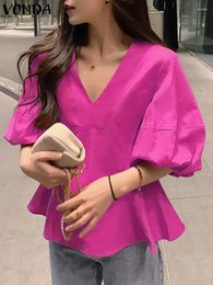 Women's Blouses VONDA Casual Tops Women Office Shirts 2024 Sexy V Neck Lantern Sleeve Fashion Vintage Solid Color Party Blouse Femininas