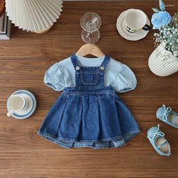 Clothing Sets 6M-4T Girl's Sweet Blue Denim Dress 2piece Set Soft Cotton Sky Puff Sleeves T-shirt Cross Back Camisole Pleated Skirt