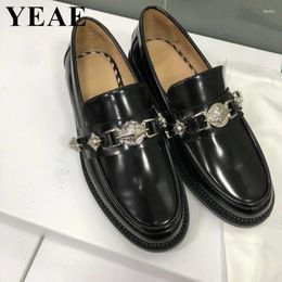 Casual Shoes Fashion Metal Decoration Women 2024 Punk Style Black Round Toe Loafers Ladies Genuine Leather Slip On Flats