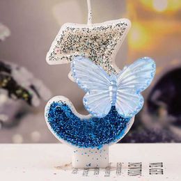 5Pcs Candles 1PC Silver Blue Birthday Candle Cake Decoration Butterfly Digital Candle Wedding Party Childs Day Decoration Supplies Accessory