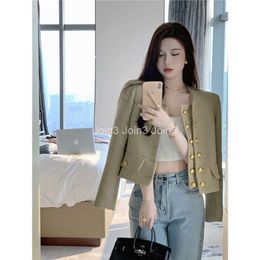 Womens o-neck double breasted jacket long sleeve gold yellow Colour fashion high waist short coat SML