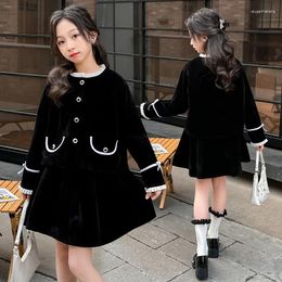 Clothing Sets Design French Teenage Girls Skirt Black Lace Collar Jacket 2pcs 4-14 Kids Clothes Suit Child Outfits
