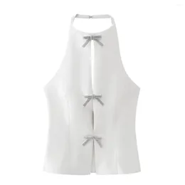 Women's Tanks Women White Bow Tie Neck Sleeveless Chiffon Blouse Halter Elegant Shirt For Office Work Clothes