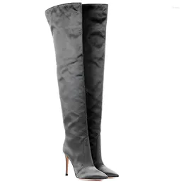 Boots Stylish Women's Pointed Toe Stiletto Grey Satin Long Female High Heels Overknee Crotch Botas Dance Party Shoes Women